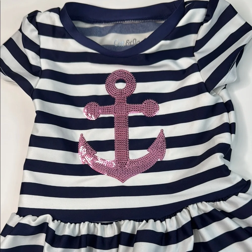 Cat & Jack‎ Baby Girls Navy and White Striped Nautical Swimsuit Size 12 Months